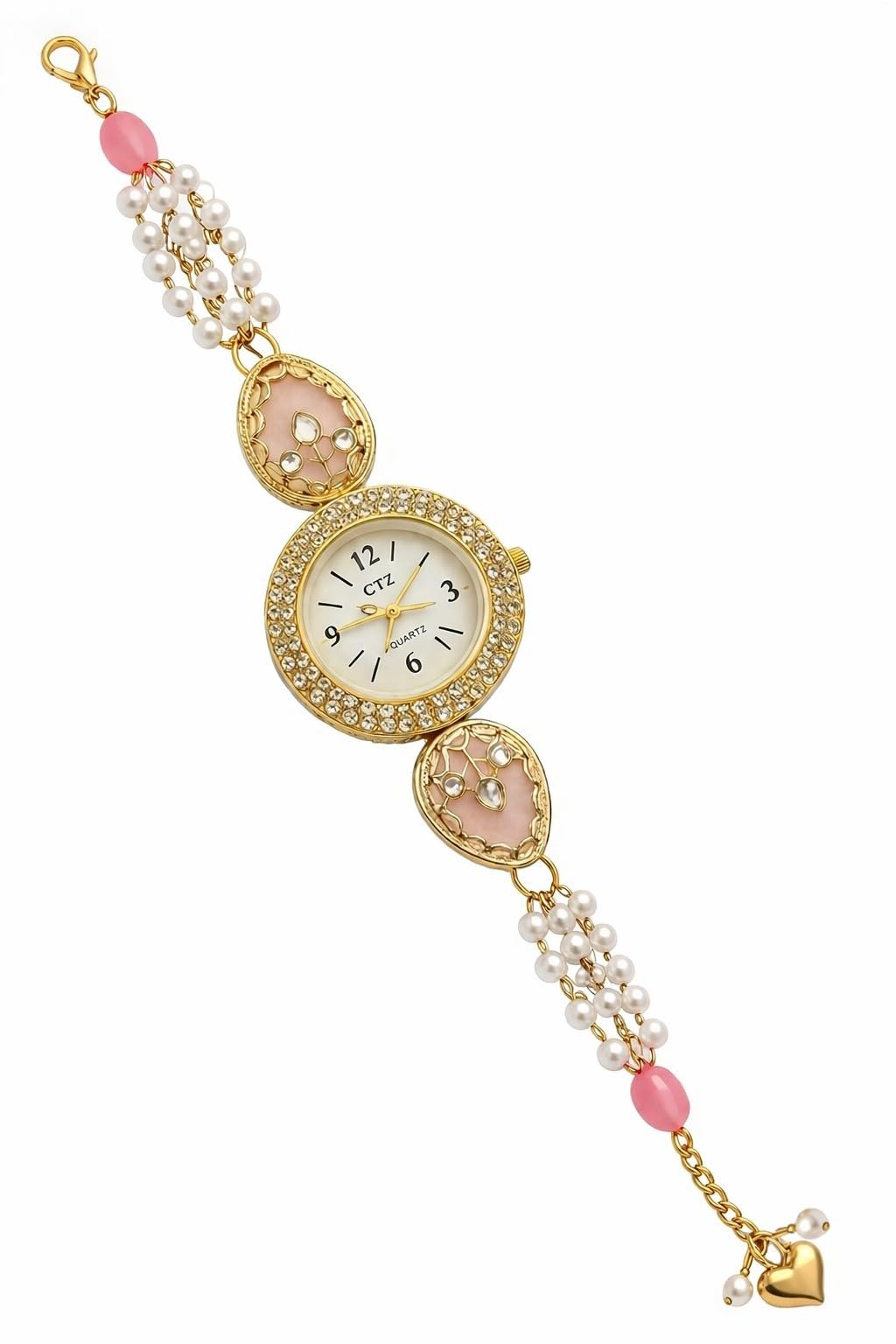 super softener Pearl Bracelet Watch for Women | Stylish Gold Dial | Adjustable Chain | Elegant Pink Stone Jewellery Design | Gift Watch for Women & Girls-picture-55