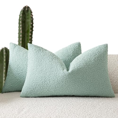 Image of Foindtower Pack of 2 Textured Boucle Throw Pillow Covers Accent Solid Decorative Lumbar Pillow Cases Cozy Soft Couch Cushion Case for Chair Sofa Bedroom Living Room Home Decor 12x20 Inch Aqua Blue