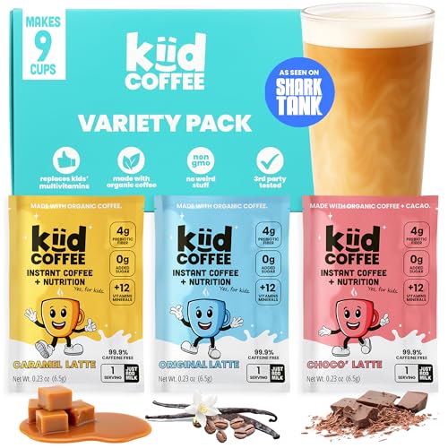 Kiid Coffee Single Serve Sampler - 99.9% Caffeine-Free Organic Coffee for Kids - As Seen on Shark Tank - Variety Pack of 3 Instant Coffee Flavors - 12 Vitamins & Minerals, 0g Sugar - 9-Pack [.23oz]