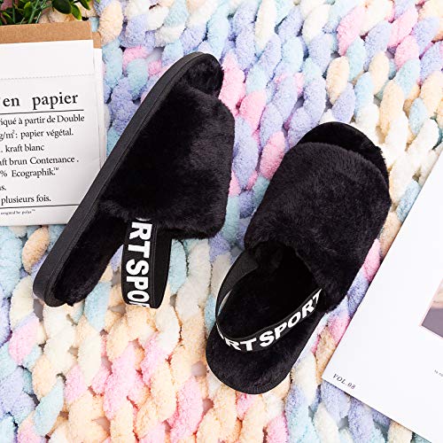 Womens Leopard Fuzzy Slippers Soft Plush Open Toe Faux Fur House Slide Sandals Indoor Spa Bedroom Flat Shoes with Elastic Strap2