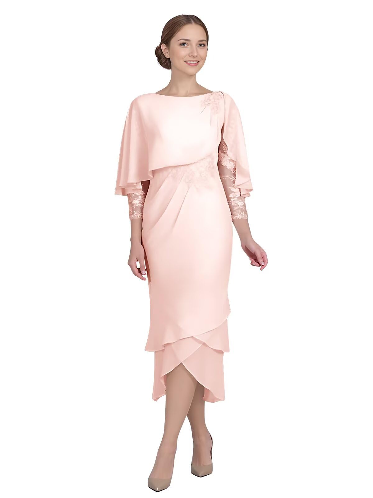 Mother of The Bride Dresses for Women Tea Length with Sleeves Mermaid Lace Applique Formal Wedding Guest Dress