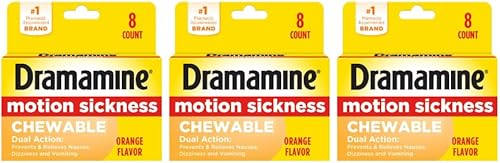 Dramamine Fórmula masticable para aliviar el mareo por movimiento, naranja, 8 unidades, paquete de 3