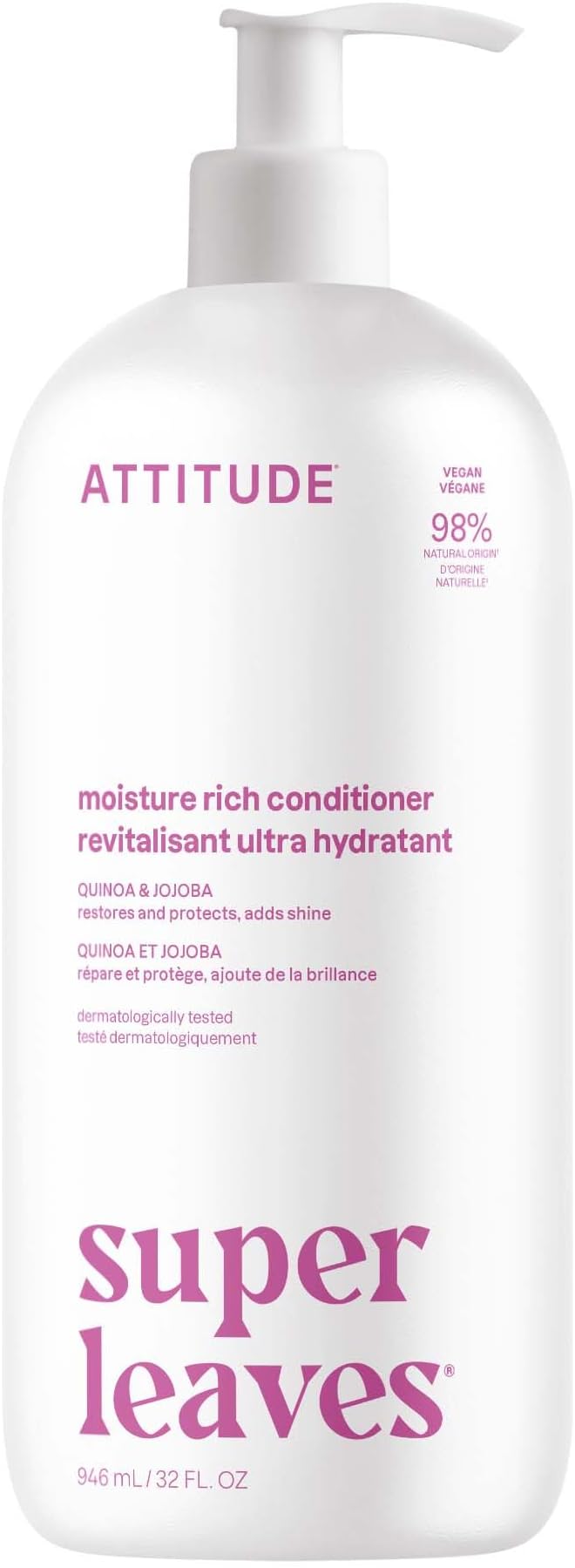 ATTITUDE Moisture Rich Hair Conditioner, For Dry and Damaged Hair, Naturally Derived Ingredients, Vegan Detangler, Dermatologiocally Tested, Quinoa and Jojoba, 32 Fl Oz