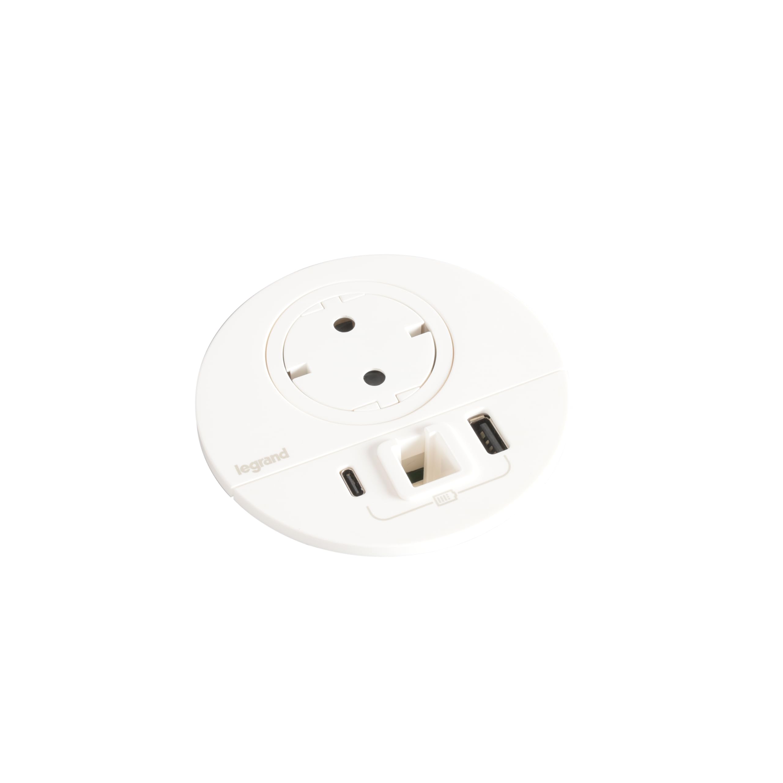 Legrand, Incara Disq 80, gniazdo ładowania USB A+C, wyjście kabla do kabla sieciowego, gniazdko stołowe, gniazdo do zabudowy, ładowarka wielokrotna, 15 W, kabel 2 m, wtyczka 2P + E, kolor: ultrabiały,
