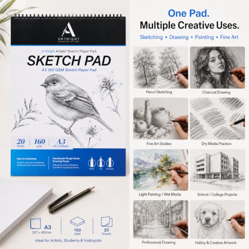 Image of ArtRight Artists' Sketch Paper Pad A3 160 GSM - 20 Sheets of Handmade Rough Grain Drawing Papers, Ideal for Artist, Professional Drawing, Painting Dry & Wet, Fine Art, School, Student