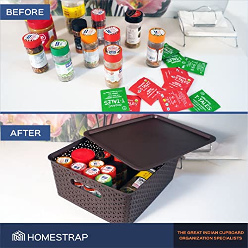 Image of Homestrap Set Of 3 Plastic Storage Organizers /baskets With Lid For Kitchen, Clothes, Multipurpose Vegetables, Toys, Books, Office, Stationery, Wardrobe(Medium| Brown)