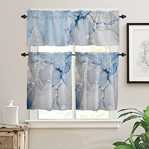 Marble Kitchen Curtains Set Short Half Curtains 36 Inches Length, Blue And Grey Tier Curtains And Valance Set Watercolor Ink Painted Abstract Art Curtain Window Treatment Draperies For Cafe Bathroom #TOP1