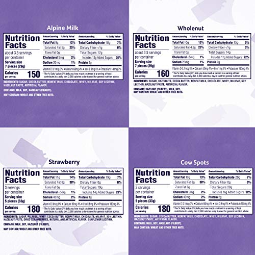 Image of Milka European Chocolate Bars Variety Pack, Alpine Milk Chocolate, Cow Spots, Strawberry & Wholenut Hazelnut, 3.52 oz Bars, 10 Count (Pack of 2)