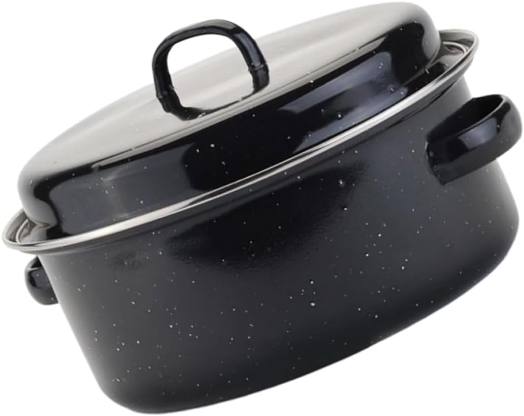 1Set Covered Round Roaster Pan with Lid for Baking Sweet Potatoes Potatoes and Corn Nonstick Enamel Baking Pan with Humanized Binaural Handles Easy-clean Surface Kitchen Roasting Cookware