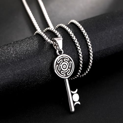 YWMAN Hecate Key Necklace, Stainless Steel Hekate Wheel Pendant, Tripple Moon Goddess Jewelry Gift for Women Men3