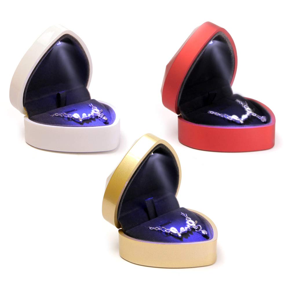 Porta Anello di Fidanzamento a Forma di Cuore con Luce LED, Scatola portaoggetti per Gioielli, Regalo di San Valentino, Rosso