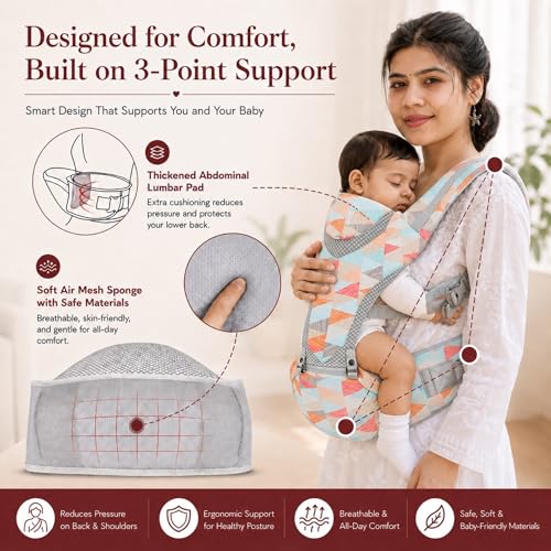 Image of Baby Carrier for 0 to 3 Year Baby | Ergonomic Kangaroo Bag with Detachable Soft Hip Seat | Baby Carrying Bag for Newborn & Toddler | 6-in-1 Baby Carrier with Pockets & Back Support (Geometric)