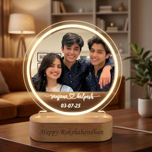 Image of Personalized LED Photo Lamp for Couples - Custom Engraved Night Light with Names & Date - Romantic Anniversary, Wedding, Birthday Gift Brother Sister