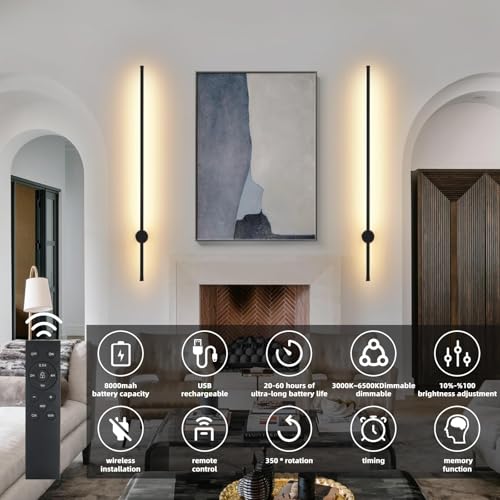 Image of LED Wireless Wall Sconce with Remote Control, Dimmable /350 Rotate /Timing /USB Rechargeable Battery Powered Indoor Wall Lamps, 39.3 inch Black Wall Lights Set of Two for Hallway, Living Room, Bedroom