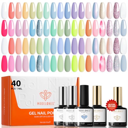Image of modelones 40Pcs Gel Nail Polish Set, 36 Colors 2026 Summer Spring Pastel White Pink Light Yellow Blooming Glitter Gel Polish Kit with 4PCS Glitter Matte Glossy Top Base Coat LED Nail Art DIY Gift