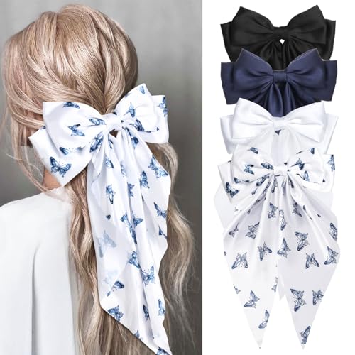 MIKONIKO Silky Satin Hair Bows for Women Girls - 4PCS Ribbon Bows for Hair Big Bow Hair Clips with Long Tail Barrettes - Cute Hair Accessories Gifts (Black Navy Butterfly White)