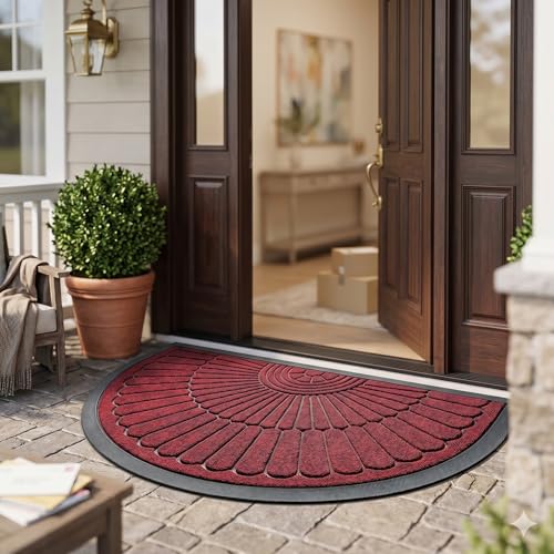 Image of Heavy Duty Half Round Doormat for Outdoor Entrance - Waterproof Low-Profile Rubber Backed Welcome Mat with Anti-Slip Grip & Dirt Trapping Design Front Door Rug (Red, 45 x 75 CM)