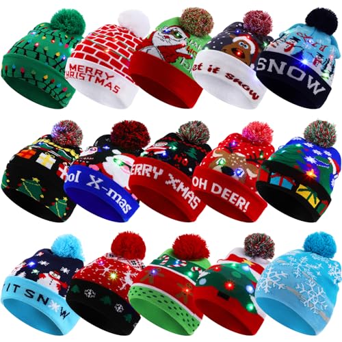 Vicenpal Paquete de 15 gorros LED de Navidad con luz de punto intermitente, suéter de Navidad, suministros de fiesta de Navidad, como se muestra en la imagen., talla única