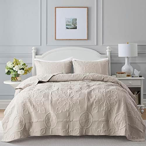 B2EVER Damask Quilt Queen Size Bedding Sets with Pillow Shams, Boho Lightweight Bedspread Coverlet, Beige Quilted Blanket Thin Comforter Bed Cover for All Season Spring Summer, 3 Pieces, 90×90 inches