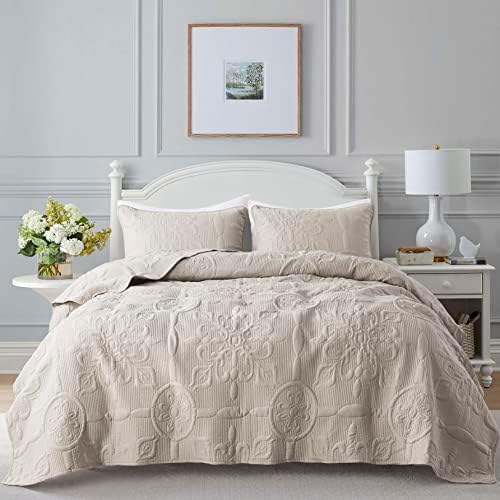 Damask Quilt California Cal King Size Bedding Sets with Pillow Shams, Boho Oversized Lightweight Soft Bedspread Coverlet, Beige Quilted Blanket Thin Comforter Bed Cover, 3 Pieces, 118x106 inches