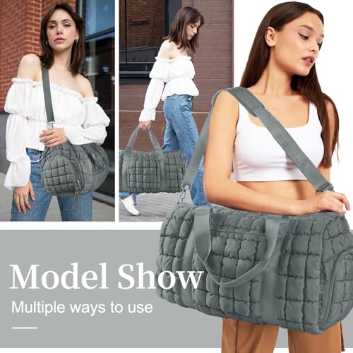 Image of Quilted Travel Duffle Bag Gym Bag for Women,Large Puffer Duffle Weekender Bag with Compartment,Workout Overnight Carry on Organizer Bag Duffle Bag for Airplane Travel(L-Grey)