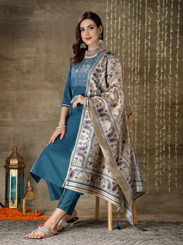 Image of Stylum Women's Embroidered Cotton Blend Straight Kurta Pant with Dupatta