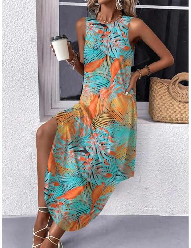 Image of Zeagoo Women Floral Summer Casual Beach Printed Tank Dress with Pockets Pleated Front Long Dress