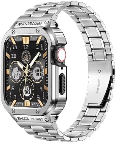 MioHHR Stainless Steel Watch Band with Case Compatible with Apple Watch Series 6/5/4/SE(44mm),Rugged Strap with Metal Protective Bumper Cover for iWatch Band Men(Silver)