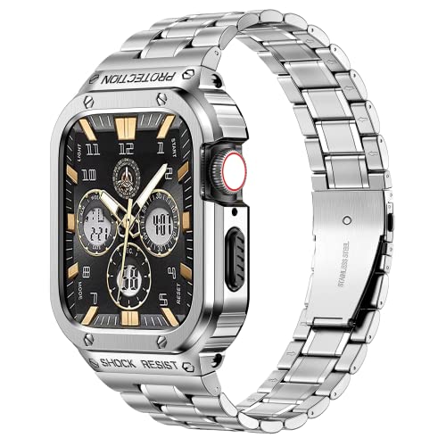 Miohhr Stainless Steel Watch Band With Case Compatible With Apple Watch Series 6/5/4/Se(44Mm),Rugged Strap With Metal Protective Bumper Cover For Iwatch Band Men(Silver) #TOP28