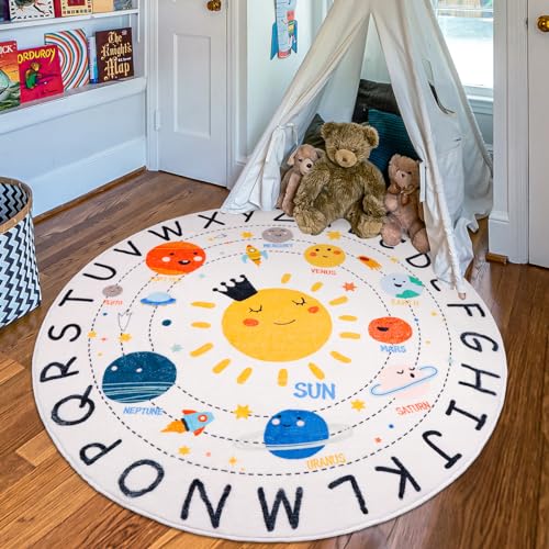 AKUNRUG Kinderteppich Rund,120CM ABC Alphabet Spielteppich Kinder,Antirutsch Waschbar Niedlich Planeten des Sonnensystems Teppich Kinderzimmer,Pädagogischer Kinderzimmer Teppiche für Junge Mädchen