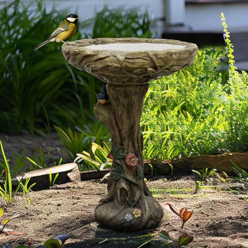 Image of SunJet 25.5 Inch Heigh Wood-Look Concrete Bird Bath with Decorative Faux Bird - birdbath Rustic & Long-Lasting Design, Enhances Garden, Patio, Yard, Lawn Decor