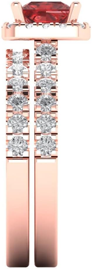 Clara Pucci 1.7 ct Princess Cut Halo Solitaire Genuine Natural Red Garnet Designer Art Deco Statement Wedding Ring Band Set 18K Rose Gold
