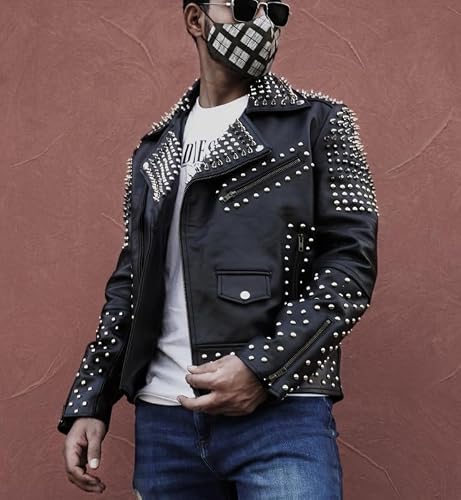 Mens Brando Studded Motorcycle Black Biker Leather Jacket Motorbike Rock Punk Spike Outerwear #TOP3