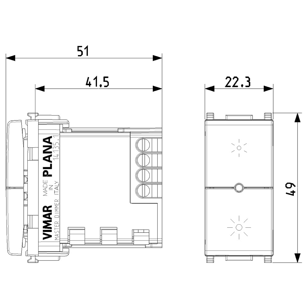 VIMAR 14135.1 Universal-Dimmer 230V 50 Hz, Phasenanschnitt, für: Glühlampen, elektronische Trafos, CFL-Leuchstofflampen, LED-Lampen, EIN/AUS-Steuerung und Regelung, Weiß, 230 V