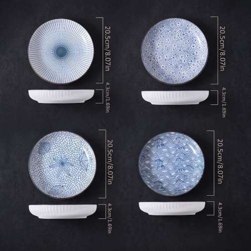 Image of Japanese Style 8-Inch Ceramic Round Dinner Plate - Microwave & Dishwasher Safe, 20.4x4.3cm Porcelain Dish for Seafood, Appetizers & Snacks, Waves (4 Piece)