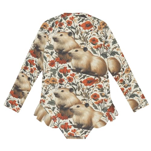 Girls Swimsuit Capybaras Flowers Long Sleeve One Piece Bathing Suit for Kids UPF 50+ Rash Guard Swimwear 3-122