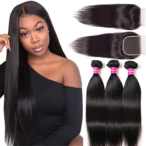 Aphro Hair Brazilian Hair Bundles With Closure Straight Hair Bundles with Closure 100% Unprocessed Human Hair Bundles with Closure Free Part Natural Color (16 18 20 with 14 closure)