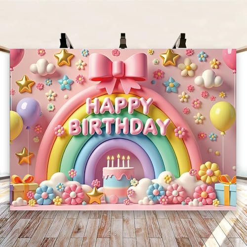 Rainbow Happy Birthday Backdrop Colorful Flower Rainbow Photography Background for Women Girls Birthday Party Baby Shower Decorations Banner (7x5FT（210x150cm）) - Image 5