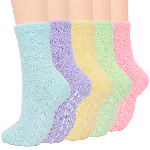 Zando Non-slip Womens Fuzzy Socks Warm Slipper Socks Non Skid Fluffy Socks Cozy Grip Socks Soft Hospital Socks Winter Plush Socks Soft Fleece Socks Indoor Crew Socks 5 Pairs Rainbow Color One Size