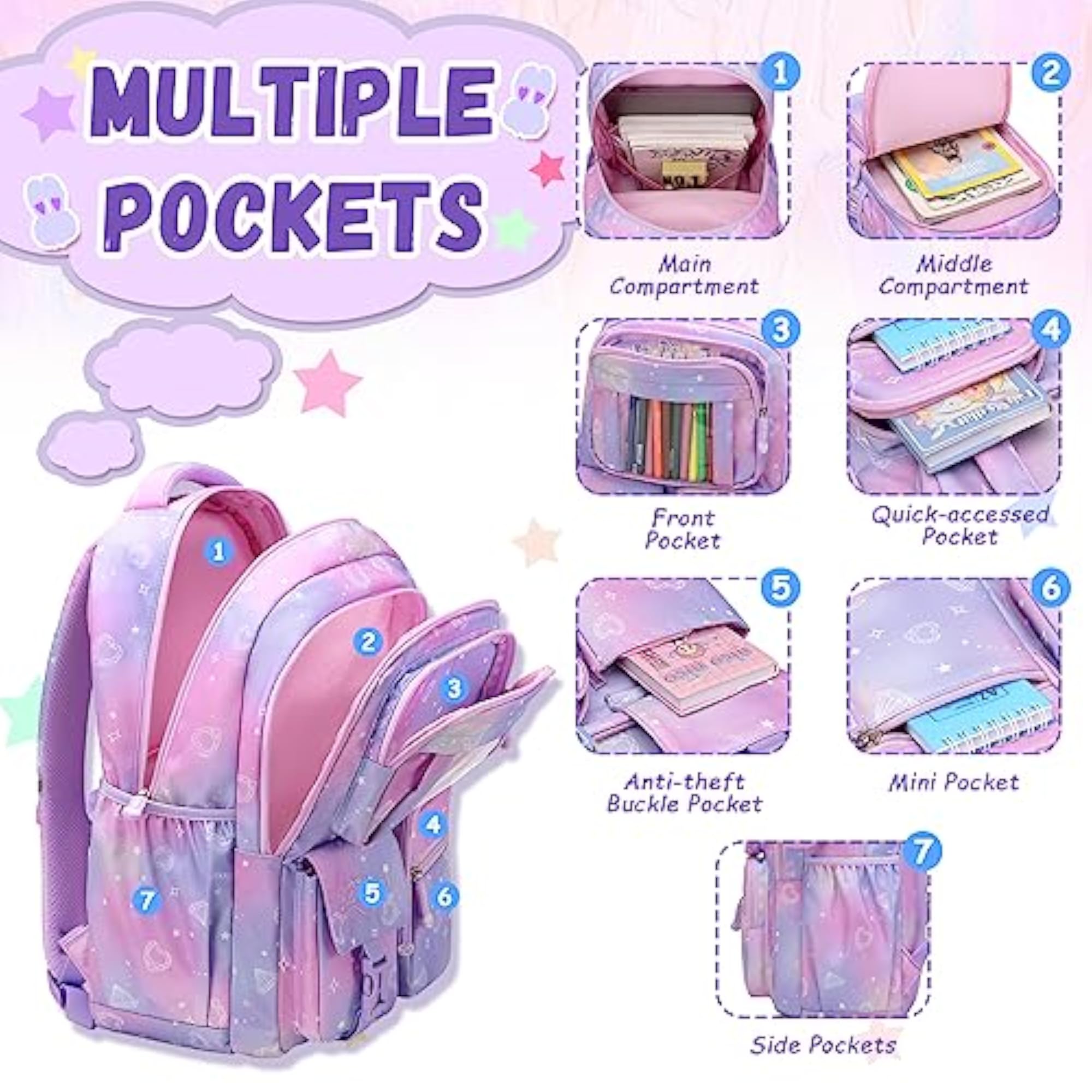 Girls School Book Bag for Elementary Primary