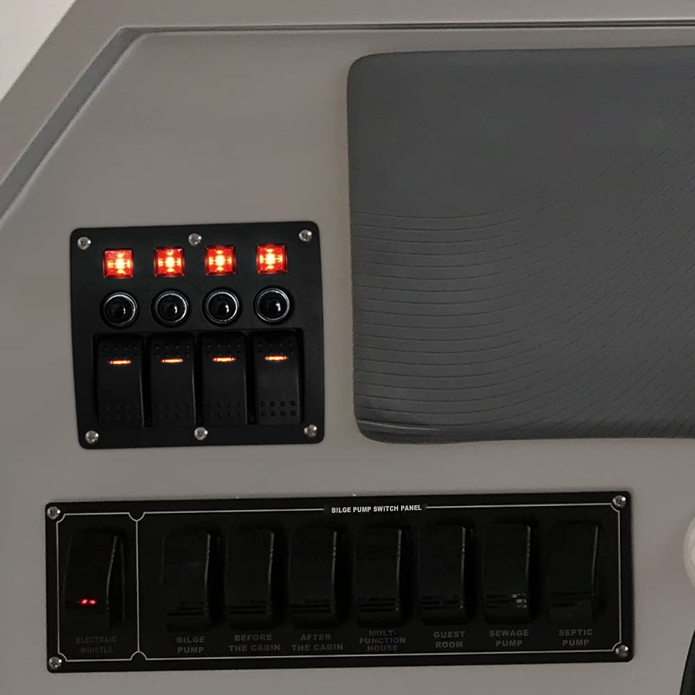 4 Gang Pre Wired Rocker Switch Panel - Waterproof On/Off Toggle Rocker, 12V 24V with Fuse, Circuit Breaker with 3 Pin Red LED Indicator for RV, Cars, Marine, Boat, Yacht