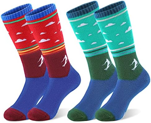 KUYOU Kids Ski Socks, 2 Pairs Long Knee High Warm Winter Snow Socks Skiing Snowboarding Hiking Skating Thermal Socks for 5-15 Years Old Youth Boys Girls UK Child Size 8.5J-2/EU26-34