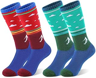 KUYOU Kids Ski Socks, 2 Pairs Long Knee High Warm Winter Snow Socks Skiing Snowboarding Hiking Skating Thermal Socks for 5-15 Years Old Youth Boys Girls UK Child Size 8.5J-2/EU26-34