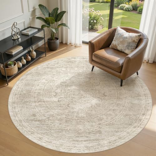 Nakagishi Tapis rond 6x6 neutre beige brun lavable
