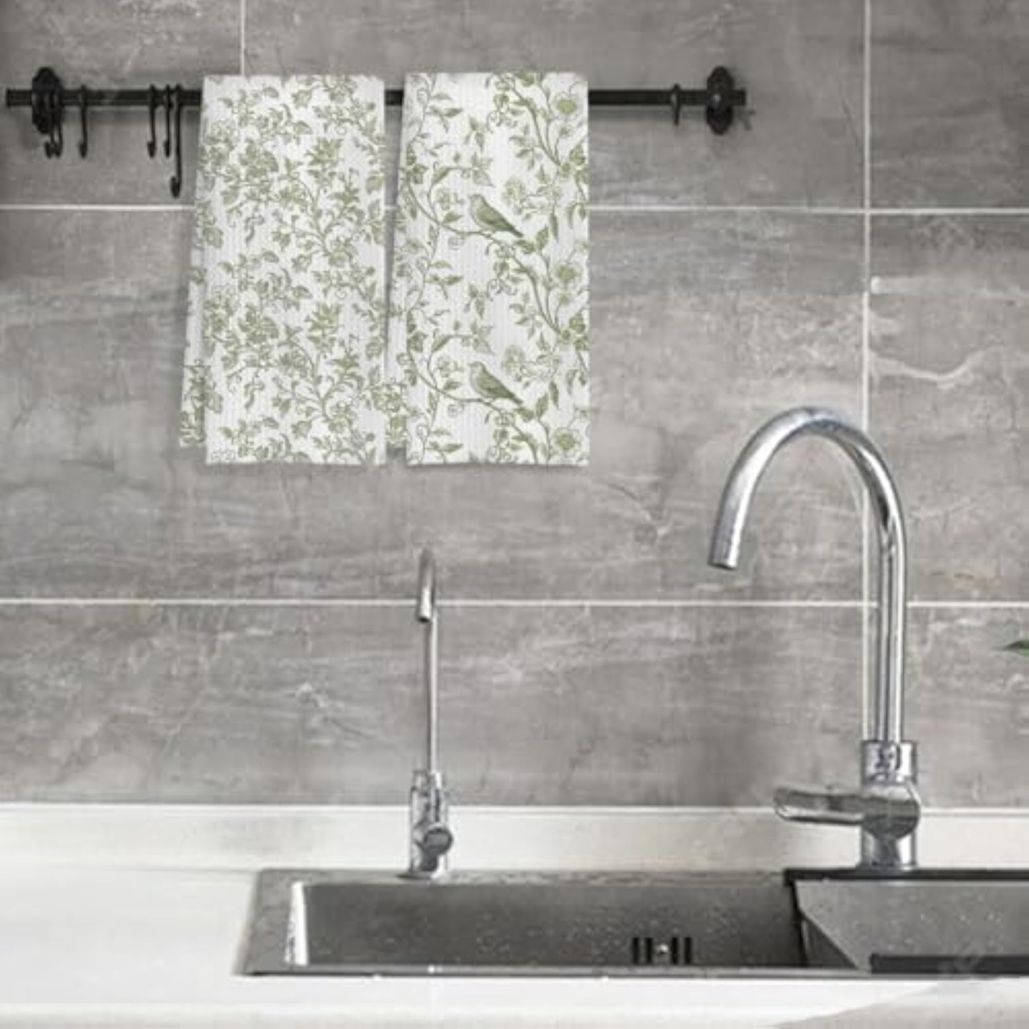 Sage Green Chinoiserie Floral Kitchen Towels