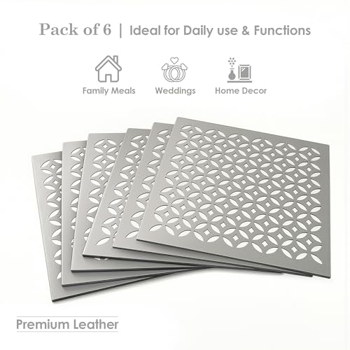 Image of Heart Home Leather Table Mats Set of 6 | Reusable Kitchen Dining Table Mat for Party, Wedding and Family Functions | Square Shape - Silver