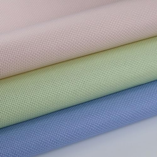 Image of KCS 3 pc of 15 inch x 18 inch(38cmx45cm) Counted Cross Stitch Cotton Aida Cloth Needlework Rolled Fabric Box,14CT,Light Blue+Pink+Light Green