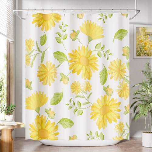 Image of AmazerBath Floral Shower Curtain, Washable Cloth Shower Curtain Sets with 12 Shower Curtain Hooks, Fabric Rustic Yellow Gerbera Flower Eucalyptus Fall Shower Curtains for Bathroom Decor, 72x72 Inches