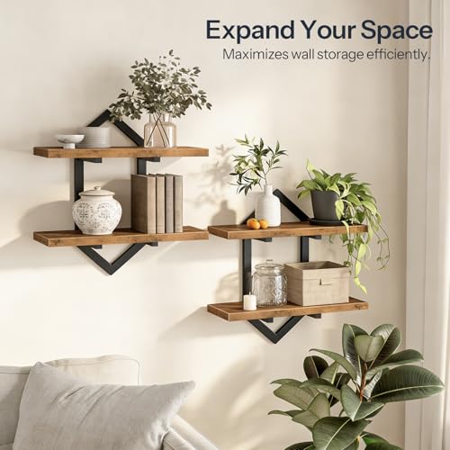 Image of HOOBRO Floating Shelves, 15 Inch Wall Shelf Set of 2, Wall Mounted Storage Shelves 2-Tier, Hanging Bathroom Shelves, for Living Room, Bedroom, Bathroom, Kitchen, Rustic Brown and Black BF13BJP201
