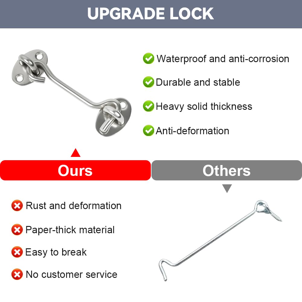 Flintronic Hook and Eye Latch, 2Pcs 8 Inch Stainless Steel Cabin Hook, Heavy Duty Gate Hook Lock - Image 4